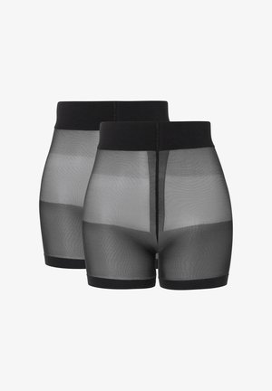Black sheer shorts with an elastic waistband, featuring a textured pattern and a fitted design. Two pairs displayed from the back.