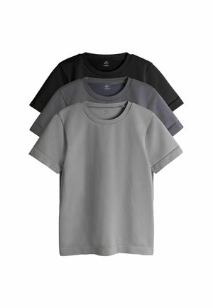 Drie T-shirts met korte mouwen in lichtgrijs, donkergrijs en zwart. Gemaakt van katoen, met een ronde halslijn en een gladde textuur.