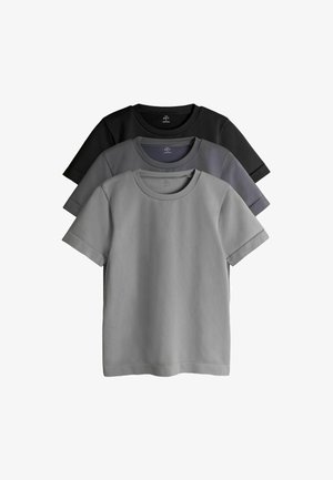 Drie T-shirts met korte mouwen in lichtgrijs, donkergrijs en zwart. Gemaakt van katoen, met een ronde halslijn en een gladde textuur.