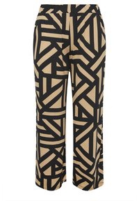 Pantalones de pierna ancha en negro y beige con un estampado geométrico. Elaborados con una tela suave y con una cintura elástica para mayor comodidad.