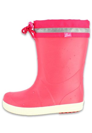 Roze waterdichte regenlaars met een gestructureerd lichaam, witte zool en een zilveren accentband aan de bovenkant. Inclusief een trekkoord voor een verstelbare pasvorm.