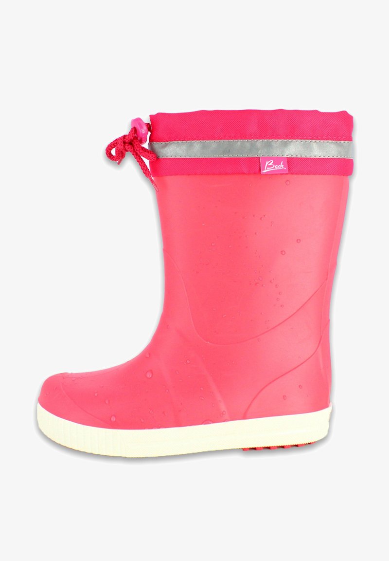 Botte de pluie étanche rose avec un corps texturé, semelle blanche et bande argentée en haut. Comprend un cordon de tirage pour un ajustement ajustable.