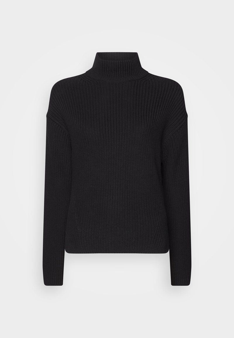 Schwarzer gestrickter Rollkragenpullover mit gerippter Textur, weiten Ärmeln und taillierter Passform. Verfügt über einen hohen Kragen und nahtlose Verarbeitung.