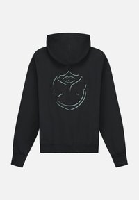 Zwarte hoodie met een kangoeroezak, voorzien van een grote geborduurde print op de achterkant met een geometrisch patroon en een oogmotief.