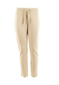 Pantalones de chándal beige con una textura suave, que cuentan con una cintura ajustable con cordón, piernas ajustadas y detalles en las costuras laterales.