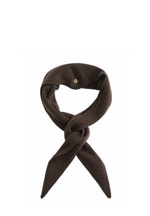 Dunkelbrauner gestrickter Schal, in einer Schlaufe mit spitzen Enden gebunden, mit kleinem rundem goldenem Emblem nahe dem oberen Rand.