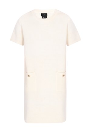 Cremfarbendes kurzärmliges Kleid aus strukturiertem Stoff. Verfügt über zwei vordere Taschen mit Goldknöpfen. Schlichtes, gerades Design.