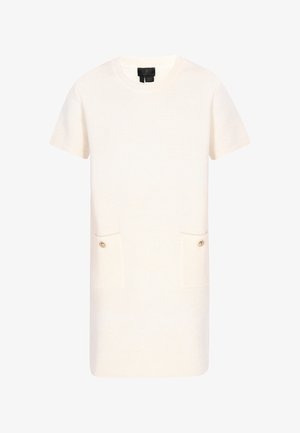 Grietos spalvos trumpomis rankovėmis suknelė, pagaminta iš tekstūruoto audinio. Priekinėse pusėse yra dvi kišenės su auksinės spalvos mygtukais. Paprastas, tiesaus kirpimo dizainas.