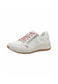 White sneaker with textured upper, pink patterned laces, a side zipper, and a contrasting beige sole. Features red stitching accents.
