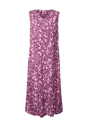 Vestito senza maniche con scollo a V, caratterizzato da un motivo floreale viola e rosa, realizzato in tessuto leggero e con una vestibilità comoda che arriva sopra il ginocchio.