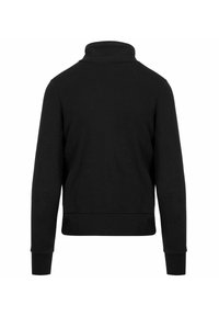 Felpa nera con colletto alto, maniche lunghe, polsini e orlo a coste, e una texture liscia. Design semplice senza loghi o motivi visibili.