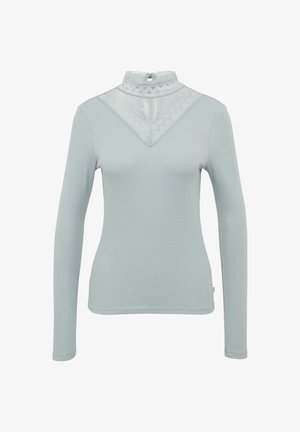 Lichtblauw lang mouwen top met een kanten hoge halslijn met een driehoekig patroon en een geribbelde textuur. Inclusief een sleutelgat sluiting aan de achterzijde.