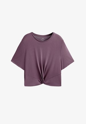 Korte mouwen, diep lavendel crop top gemaakt van zachte jersey materiaal met een gedraaid voorpaneel en ronde halslijn.