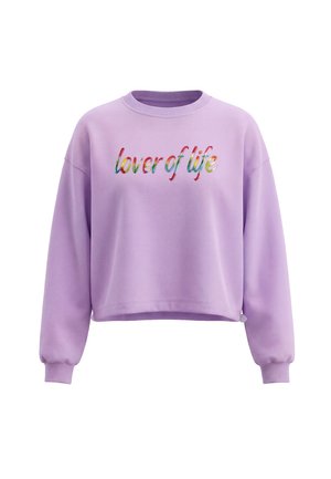 Felpa lilla con scollo tondo, maniche lunghe e testo multicolore "lover of life" sul petto.