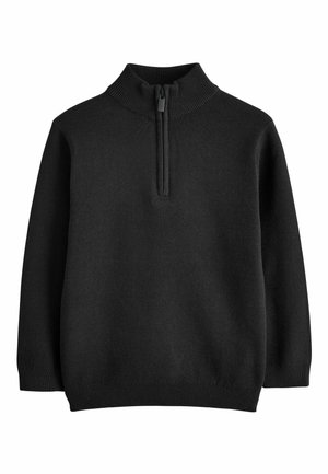 Black long-sleeve knit sweater with ribbed high collar and half zipper closure down the front center.