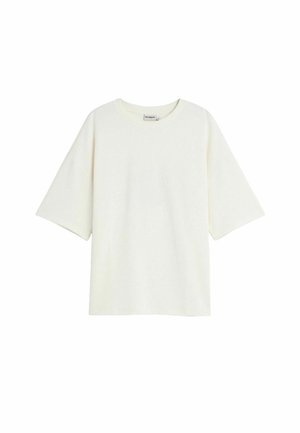 T-shirt blanc uni à manches courtes avec col rond affiché sur un fond blanc.