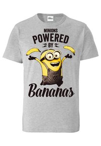 Gray cotton T-shirt featuring a yellow cartoon character with goggles and overalls, text reading "MINIONS POWERED BY Bananas," and banana graphics.