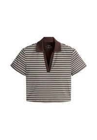 Polo à manches courtes rayé horizontalement marron et blanc avec un col en V profond et un col marron uni.