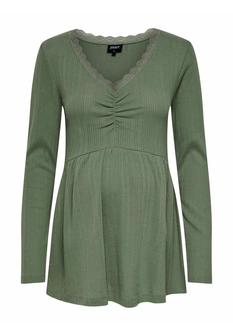 Dugi rukav trudnički top u maslinastoj boji, s V-izrezom sa čipkastim obrubom, nabranim detaljem na prsima i opuštenim krojem. Teksturirani rebrasti materijal.