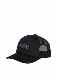 Black cap with a solid front panel and mesh sides, curved brim, and a logo patch featuring white text and a triangle design.