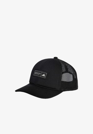 Black cap with a solid front panel and mesh sides, curved brim, and a logo patch featuring white text and a triangle design.