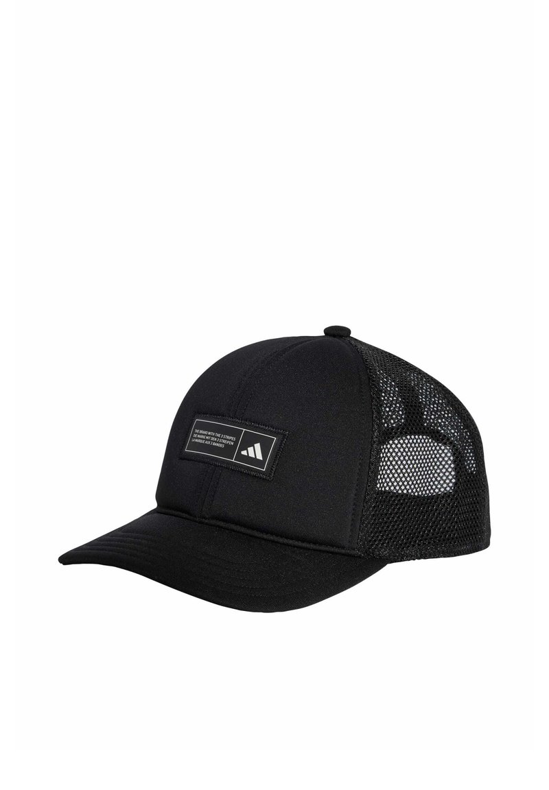 Black cap with a solid front panel and mesh sides, curved brim, and a logo patch featuring white text and a triangle design.
