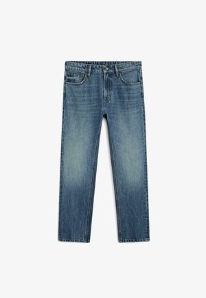 Dunkelblaue Denim-Jeans mit geradem Bein, leichter Ausbleichung an der Vorderseite, Fünf-Taschen-Design und Knopfverschluss.