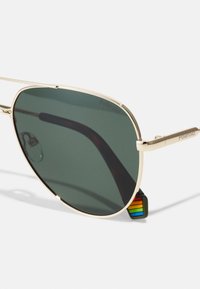 Ochelari de soare aviator din metal aurit cu lentile de culoare verde închis. Brațele au un accent cu dungi arc-en-ciel pe un cadru negru.