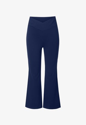 Navy siniset leveälahkeiset housut, jotka on valmistettu joustavasta kankaasta, ja joissa on ristikkäinen vyötäröasu ja sileä pinta.