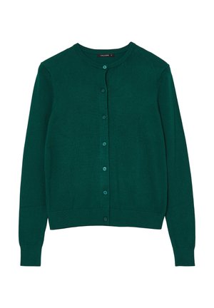 Cardigan en tricot vert avec un col rond, fermeture à boutons, manches longues et ourlet côtelé. Texture lisse, tissu léger.