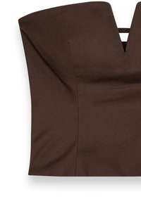Bruine strapless top met een gestructureerde lijfje, featuring een V-hals en strakke lijnen. Gemaakt van een gladde stof, heeft het een getailleerde pasvorm.
