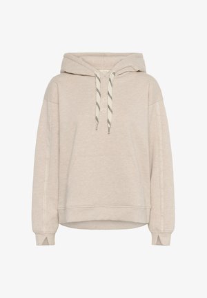 Bež dukserica s kapuljačom od mekanog materijala, s kengurufrontom, prugastom vrpcom za zatezanje i suptilnim detaljima šivanja na rukavima.