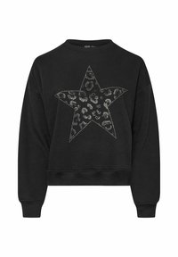 Svart sweatshirt med en kortad design, prydd med en stor stjärna i leopardtryck och strassdetaljer. Utrustad med långa ärmar i bomullsmaterial.
