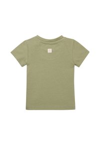 Koszulka z krótkim rękawem w jasnooliwkowym kolorze wykonana z bawełny, z okrągłym dekoltem i małą wszytą metką z tyłu. Gładka faktura, prosty design.