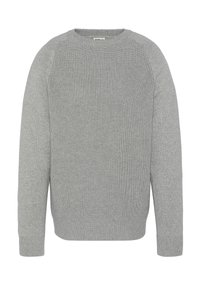 Grauer Strickpullover mit rundem Halsausschnitt, gerippter Textur, langen Ärmeln sowie gerippten Bündchen und Saum. Einfaches, klassisches Design ohne Muster.