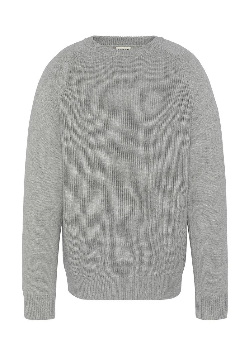 Grauer Strickpullover mit rundem Halsausschnitt, gerippter Textur, langen Ärmeln sowie gerippten Bündchen und Saum. Einfaches, klassisches Design ohne Muster.