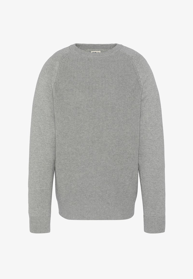 Grauer Strickpullover mit rundem Halsausschnitt, gerippter Textur, langen Ärmeln sowie gerippten Bündchen und Saum. Einfaches, klassisches Design ohne Muster.