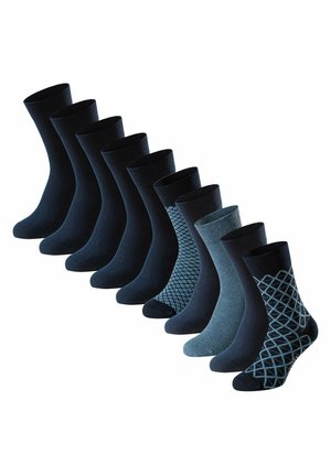 Acht Paar Herren-Crew-Socken in verschiedenen dunklen Blautönen, einschließlich Uni-Farben und geometrisch gemusterter Designs.