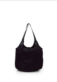 Borsa tote nera realizzata in tessuto testurizzato con apertura a coulisse, dotata di spallacci lunghi e piatti e chiusura interna a cordoncino.