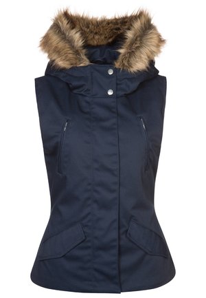 Veste d'hiver sans manches bleu marine avec capuche bordée de fausse fourrure marron et poches avant à rabats avec fermetures éclair.