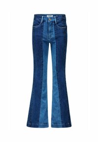 Jeans acampanados de cintura alta con paneles verticales de denim bicolor azul y bolsillos frontales.