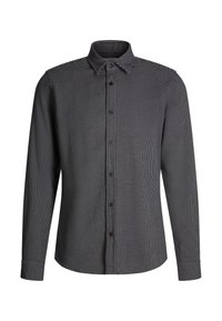 Langarm overhemd met knopen in zwart-wit ruitpatroon, voorzien van een klassieke kraag en een sluiting met knopen aan de voorkant.