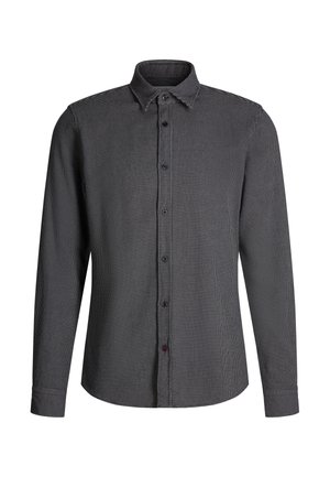 Koszula z długim rękawem w czarno-białą kratę, z klasycznym kołnierzykiem i zapięciem na guziki z przodu.