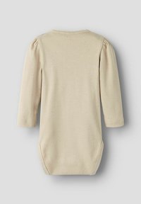 Bodysuit beige a coste per neonati con maniche tre quarti, caratterizzato da sottili accenti di glitter e una scollatura rotonda, morbido al tatto e con chiusure a scatto.