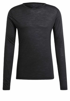 Camiseta de manga larga negra hecha de una tela suave con cuello redondo, que presenta una textura sutil y un diseño ajustado. Sin acentos ni patrones adicionales.