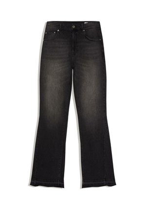 Sorte falmede jeans med lige ben, forlommer, bæltestropper og knaplukning i taljen.