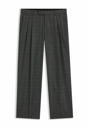 Graue, plissierte Hose mit einem subtilen Karomuster, gefertigt aus einem strukturierten Stoff. Verfügt über einen klassischen Bund und weite Beine.