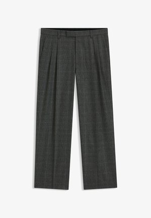 Graue, plissierte Hose mit einem subtilen Karomuster, gefertigt aus einem strukturierten Stoff. Verfügt über einen klassischen Bund und weite Beine.