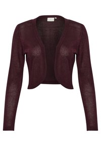 Bordeaux cropped cardigan gemaakt van glinsterend breimateriaal, met lange mouwen en een open voorkant ontwerp met een ronde halslijn.