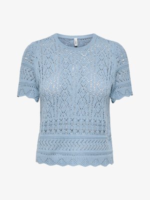 Light blue short-sleeve knitted top with intricate lace patterns, scalloped hem and sleeves, and a round neckline.